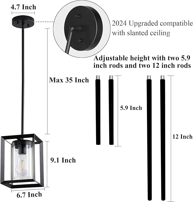 2 Pack Farmhouse Black Kitchen Island Pendant Light Fixtures,Height Adjustable Metal Rod Hanging Modern Pendant Lighting with Metal Cage and Clear Glass Shade for Entryway Bedroom
