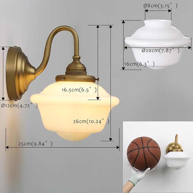 Pathson Vintage Wall Sconce with Milk White Glass, Hardwired Gooseneck Wall Vanity Light Bathroom Sconce Fixture for Living Room, Foyer, Loft, Bedroom, Farmhouse Lamp