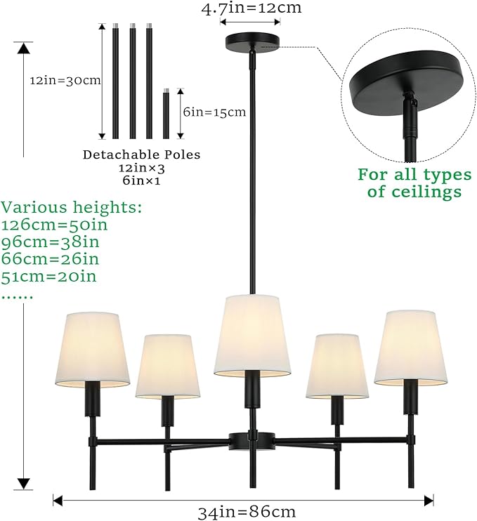 5 Pack White Chandelier Shades, 4" Top x 6" Bottom x 6" High Barrel Lamp Shade, 4.0x6.0x6.0 Inch Linen Fabric, Perfect Fit for 5-Light Pendant Light Wall Sconce, Clip On Bulb E12 Socket(Large Size)