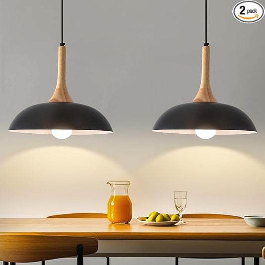 Black Pendant Lights Kitchen Island,2 Pack Modern Pendant Light with Wood Cap, 13.8 inch Dome Pendant Light for Kitchen, Dining Room, Living Room
