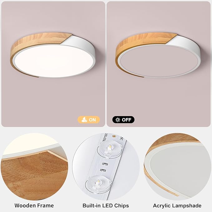 Vikaey Modern LED Ceiling Light, Minimalist Wood Style Flush Mount Ceiling Light Fixture, Circle Lighting Lamp with Acrylic Lampshade for Bedroom Living Room Dining Room Laundry (White, 11.8'')