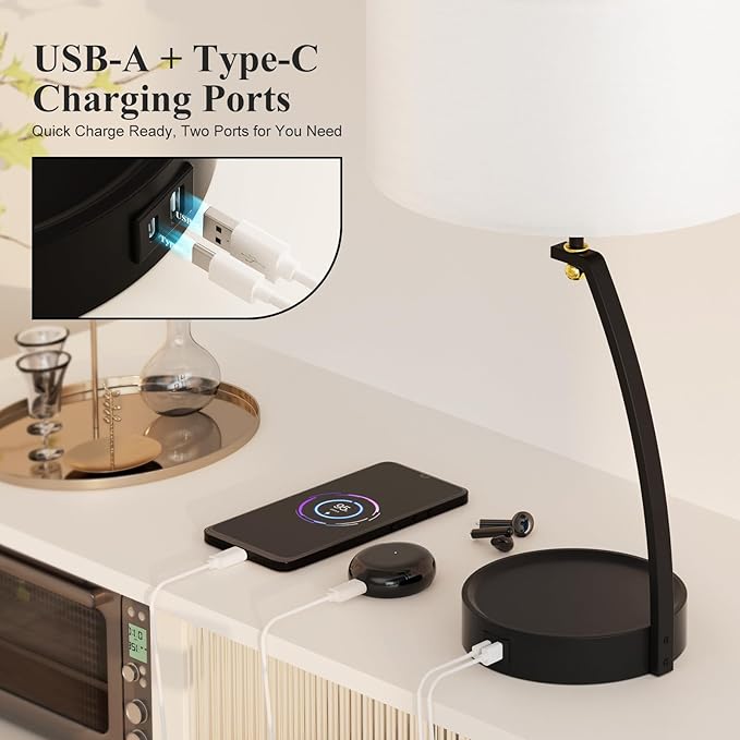 Bedside Table Lamp - 3-Way Dimmable Touch Lamps for Bedroom, Black Nightstand Lamp with USB C+A Charging Ports, Simple Modern Side Lamps for Living Room, Entryway, Hallway, Bulb Included