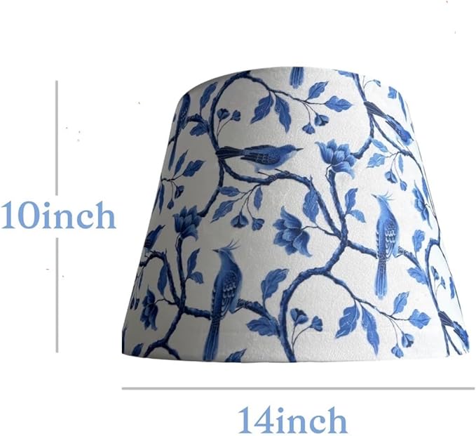 Tristan Home Blue & White Chinoiserie Empire Lamp Shade – 14" Bottom x 10" Height – Textured Velvet Bird Floral Pattern – Spider Fitter Replacement Shade