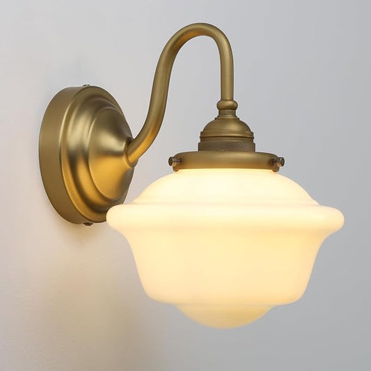 Pathson Vintage Wall Sconce with Milk White Glass, Hardwired Gooseneck Wall Vanity Light Bathroom Sconce Fixture for Living Room, Foyer, Loft, Bedroom, Farmhouse Lamp