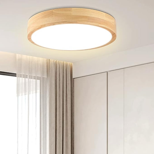 Led Ceiling Light Flush Mount: 12 Inch 24W Wood Bedroom Light Fixture with Round Modern Flat Overhead Minimalist Ceiling Lamps for Kitchen Hallway Laundry Natural White 4500K, Not Dimmable