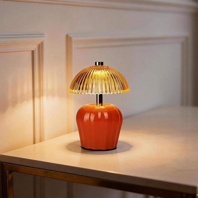 MJ PREMIER Small Cordless Lamp, Battery Operated Lamp with Timer, Mini Crystal Glass Mushroom Lampshade, Cute Small Table Lamps, Decorative Led Light for Bedroom Living Room Shelf (Orange)
