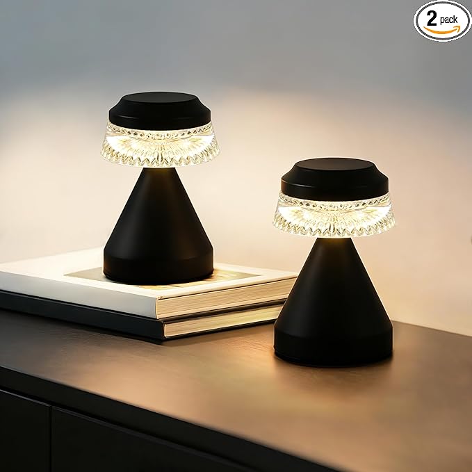 Rechargeable Cordless Table Lamp, Battery Operated Table Light | 3 Color | Stepless Dimming, for Bedroom, Cafe, Camping, Bar, Dining Table, Restaurant (2 Pack)