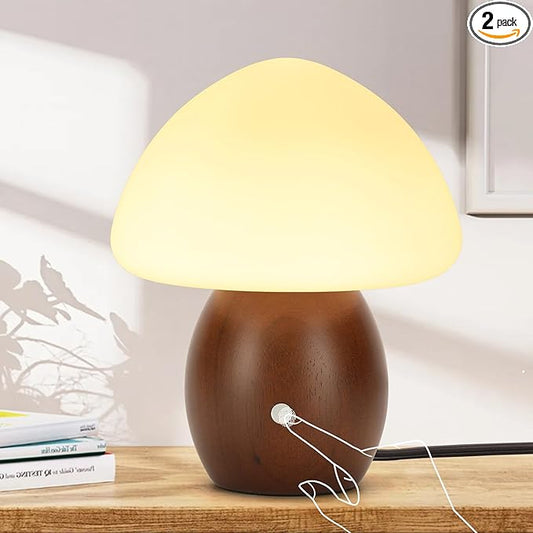 Mushroom Lamp with Touch Control Switch, Small Wooden Table Lamp with Glass Shade, 3 Way Dimmable Nightstand Lamp for Bedroom, G9 LED Bulb Included (Walnut Color&Opal White Glass Shade)