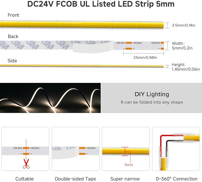 BTF-LIGHTING FCOB COB 5mm Width UL Listed Super Narrow Flexible Uniform Light LED Strip 16.4FT DC24V 6000K CRI 90+ Dimmable LED Ribbon for Kitchen Home Indoor Decoration(No Adapter or Controller)