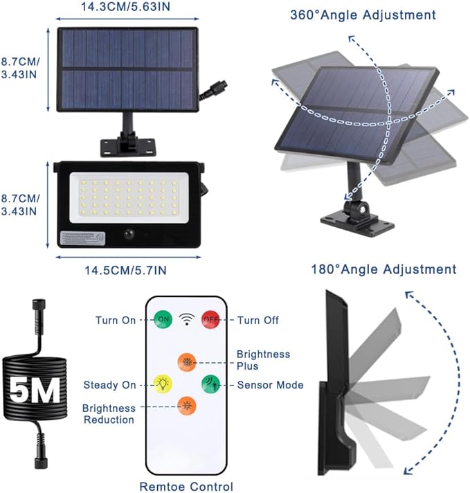Solar Flood Lights Outdoor Waterproof with Remote Control, 1000LM 6500K 4 Modes 16.4FT Cable Solar Motion Flood Lights for Outside Wall Garage Shed Patio Yard Porch Garden Decor(Cool White)