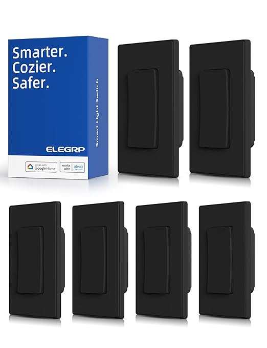 ELEGRP Smart Light Switch, 2.4GHz Wi-Fi Light Switch Compatible with Alexa & Google Assistant, Neutral Wire Required, APP Control and Timer Schedule, UL Certified,Single Pole, Black, 6 Pack