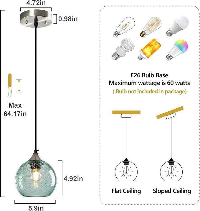 Light Green Glass Pendant Lights Kitchen Island Globe Pendant Light Fixtures Modern Pendant Lighting for Bedroom Living Dining Room Light Fixture (5.9 in, 2 Pack)