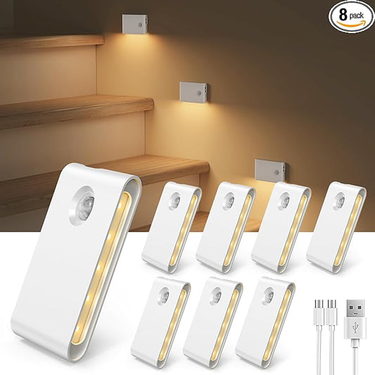 EZVALO Motion Sensor Light Indoor, 1500mAh Rechargeable Stair Lights, Magnetic & Dimmable, 3000K Soft White, Wireless Night Lights for Hallway, Stairway, Bathroom, Bedroom, 8 Pack