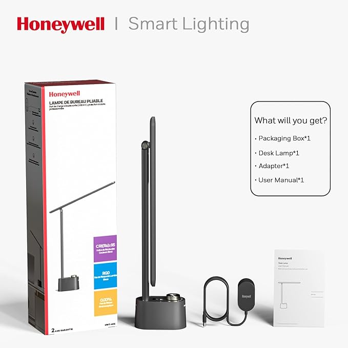 Honeywell LED Desk Lamp - Sunturalux Desk Lamps for Home Office with USB A+C Charging Ports, Stepless Dimmable Eye-Caring Foldable Desk Light for Table Bedroom Bedside Reading(Black)