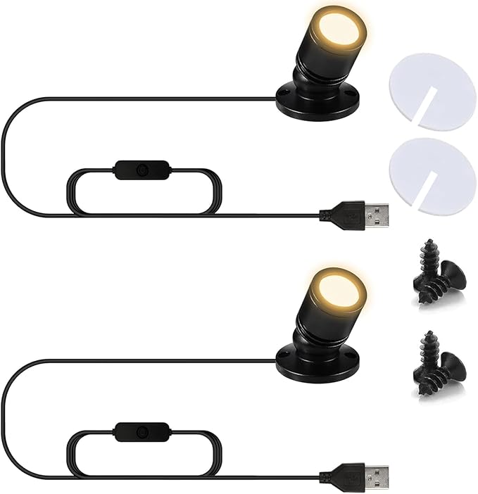 USB Powered Mini Spotlights for Displays 2-Pack – 5V Small LED Spot Lights Indoor, 7 Color Options, Compact USB Spotlight for Display Cases, Shelves, Cabinets, and Artwork (2PACK Warm Light)