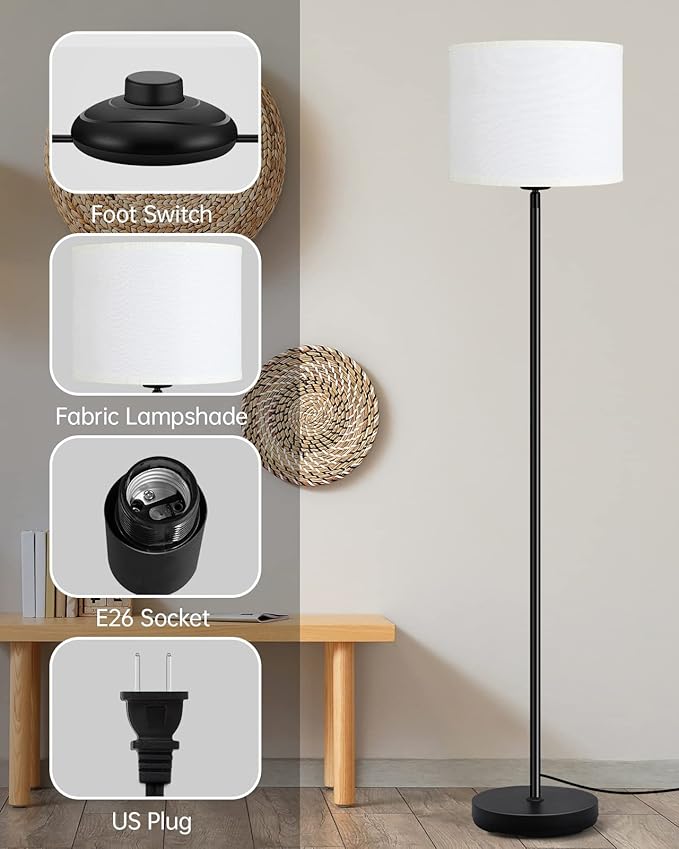 BoostArea Floor Lamps Standing Lamp, Modern 58" Tall Lamp with White Lampshade, Simple Small Pole Lamp for Bedroom, Pedal Switch, Black Small Lamps for Kid Room/Office/Reading Room(E26 Base, NO Bulb)