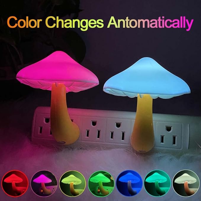 [ 2 Pack LED Mushroom Night Light Lamp with Dusk to Dawn Sensor,Plug in LED Bed Cute Mushroom Nightlight Night lamp Wall Light Baby Night Lights for Kids Children (Colorful)
