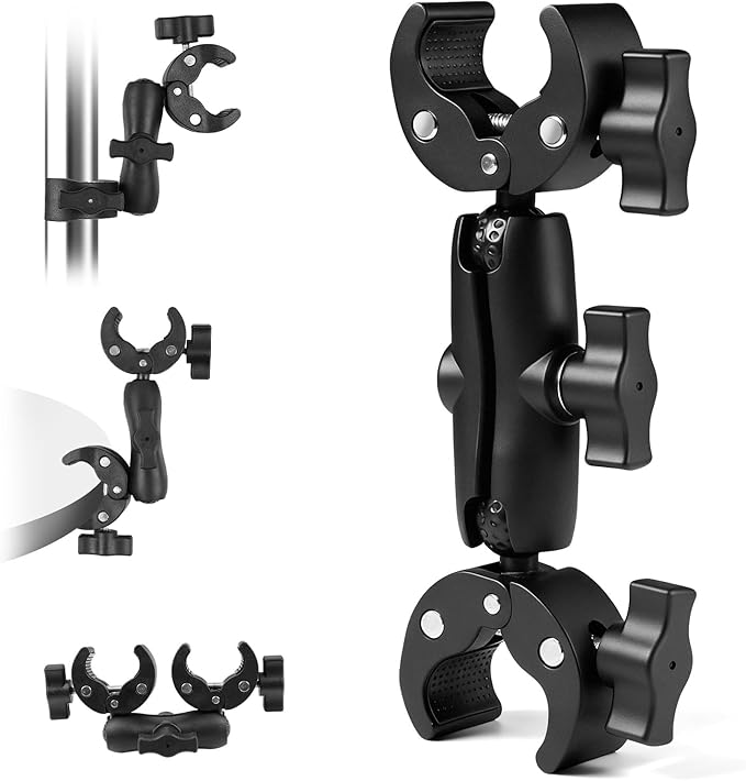 Double Ball Head Camera Clamp - Adjustable Mounting Bracket with Pliers-Style Grips for Photo Studio Equipment, Light Stands, Reflectors, Monitors, and Golf Cart Crossbars（6-9inch）