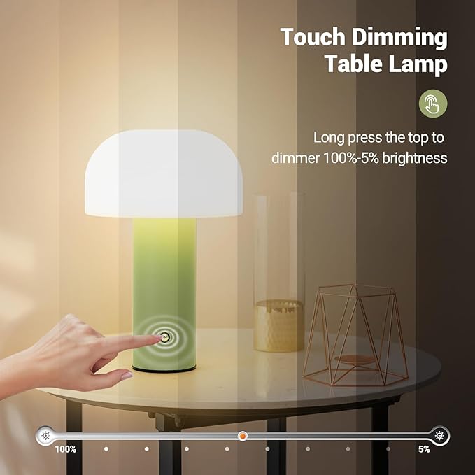 Cordless Mushroom Table Lamp Rechargeable,4000mAH Portable Battery Operated Lamp,3 Color Stepless Dimming Modern Lamps for Bedside Lamps,Touch Dimming Night Light for Home/Restaurant Green