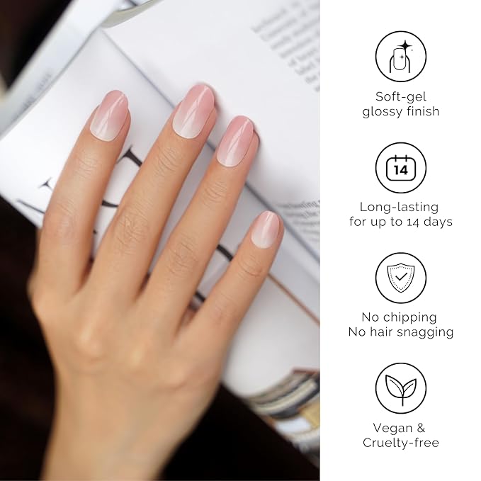 NAILOG 20 Pcs Clear Pink Gel Nail Strips - Extra Long Nail Wraps with Glossy Gel Finishing for Spring Summer Gradient Color, Tutu