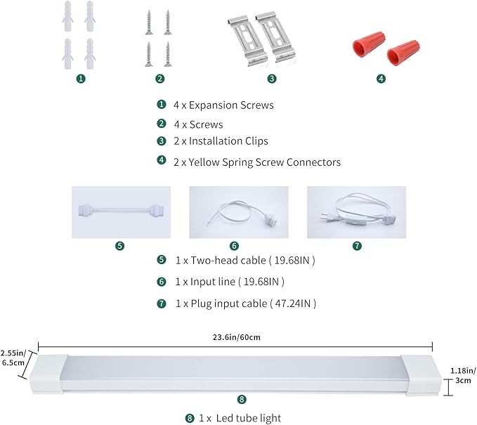 KUKUMAO 5000K Plug-in LED Tube Light Fixture, 18W Linkable Cabinet Light for Garage, Kitchen, Bathroom, Closet, Office - 2Ft, Triproof, White