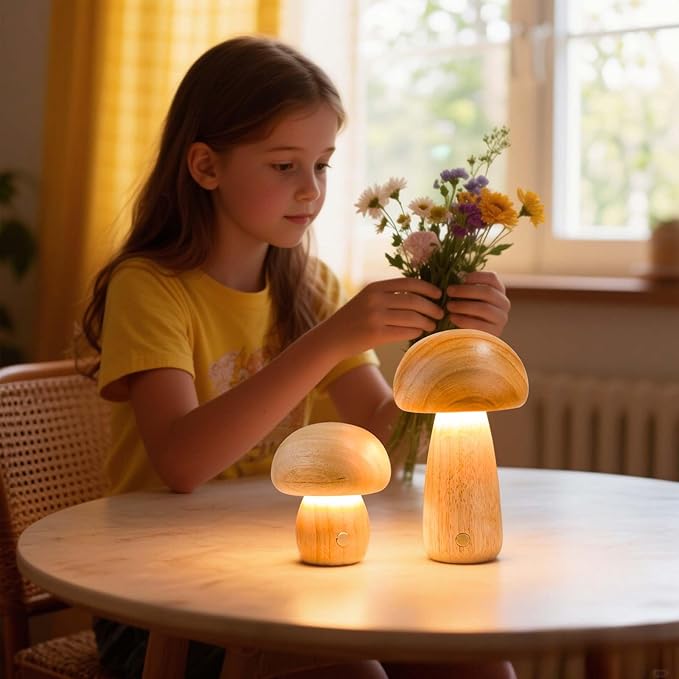 Mushroom Night Lights Rechargeable, Cordless Wooden Mushroom Table Lamps, Portable Desk Lamps for Bedroom, Studyroom, Living Room, Office, Birthday Gifts