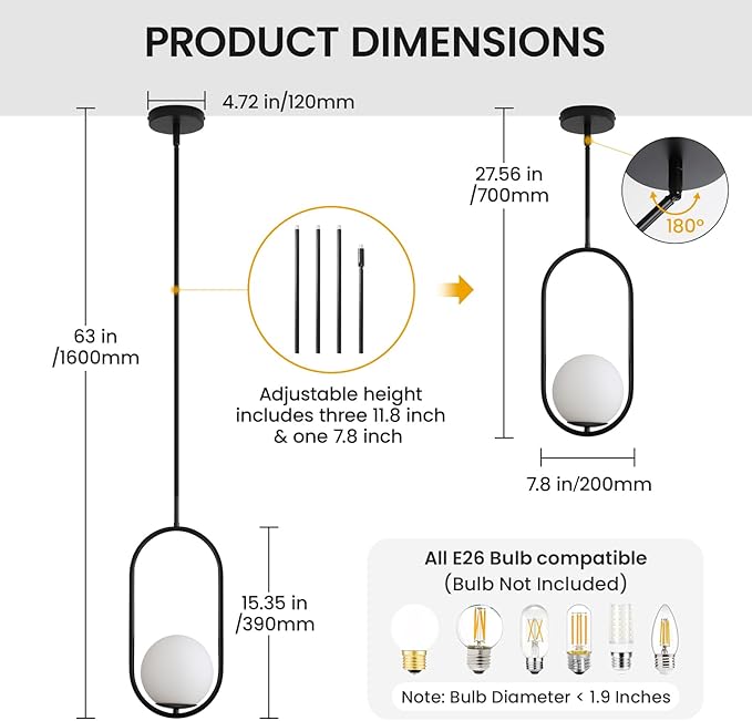 Yunnix 1-Light Modern Black Globe Pendant Lights Kitchen Island | Milk Glass Hanging Lamp for Kitchen Island, Dining Room, Bedroom, Living Room (Bulb Not Included)