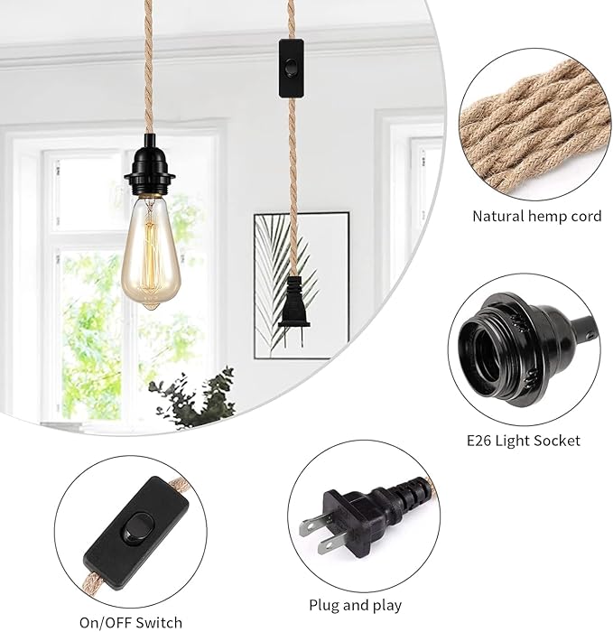 Industrial 15ft Pendant Light Cord -Plug in Hanging Light Fixture, 15FT Farmhouse Pendant Lamp Lights Cord with Switch Cord for Kitchen Island Bedroom Living Room