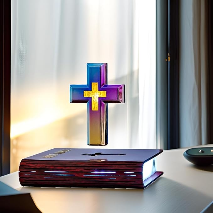MOOCCI Levitating Cross Lamp Magnetic Floating Bible Night Light Colorful Levitation Cross Ornament with Glowing Base for Home Desk Table Decoration