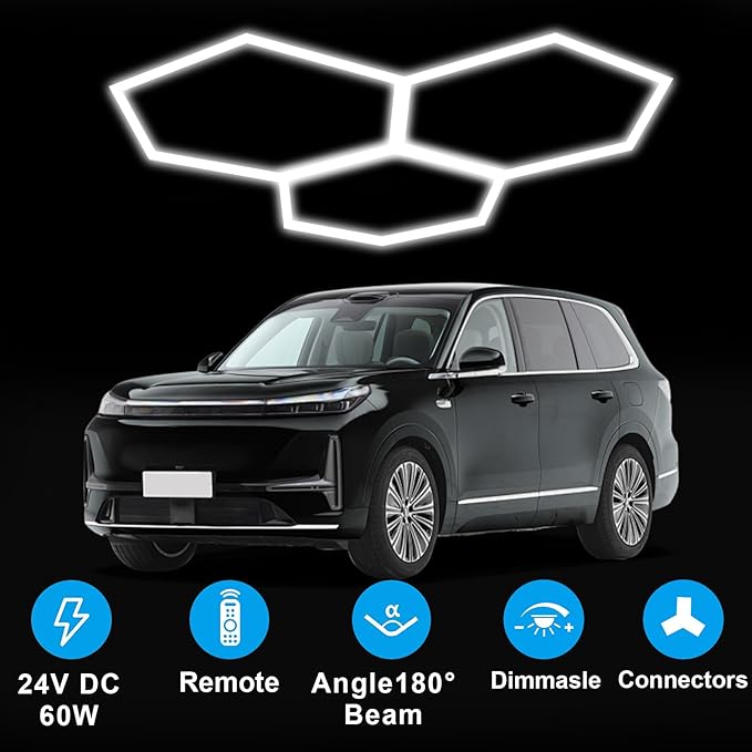 Dimmable Garage Hexagon Lights, 45W 6500K 24V Dimmable Higher Brightness Hex Garage Lights, Plug and Play for Warehouse Workshop Gym Basement Car Care Wash Room （with Remote Control）