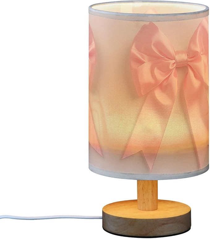 Pink Bow Ribbon Table Lamp with Wood Base Fabric Lamp Shade Bedside Nightstand Desk Lamp for Living Room Bedroom Kids Room Office
