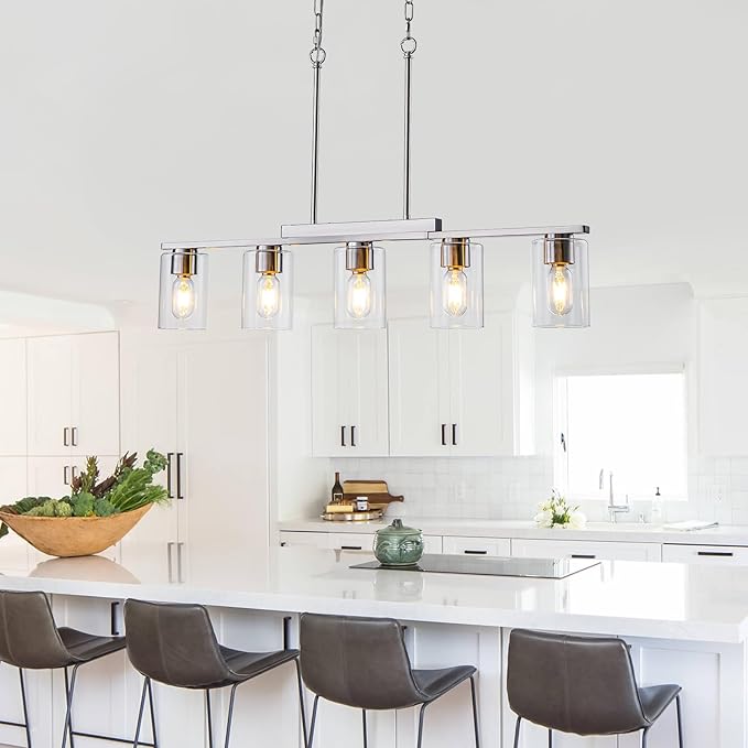 WILON Kitchen Island Lighting, 5 Lights Nickel Sand Linear Chandeliers Modern Farmhouse Chandelier with Glass Shades for Kitchen Island Living Dining Room Foyer Bedroom(Brushed Nickel,5 Lights)