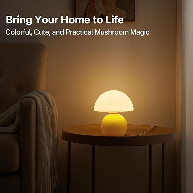 Mushroom Lamp Desk Lamp for Bedroom,Table Bedside Small Lamps for Living Room,Mushroom Decor Cute Mini Modern Mid Century Lamps for Night Stands,Aesthetic Home Living Room Decor(Yellow)