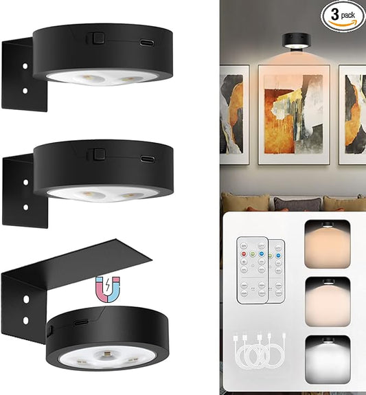 Picture Lights Rechargeable Battery Operated Wall Art Lights,Wireless Magnetic Painting Light with Remote,LED Timer&Dimmable Picture Frame lights for Artworking Picture Wall Decor(Black, 3Pack)
