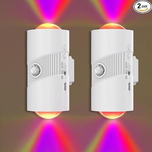 Rechargeable RGB Motion Sensor Night Light, Color Changing LED Night Light with Stick-on Magnet, 4-Level Adjustable Brightness, Nightlights for Bedroom, Bathroom, Hallway, Stairs, Closet, 2-Pack