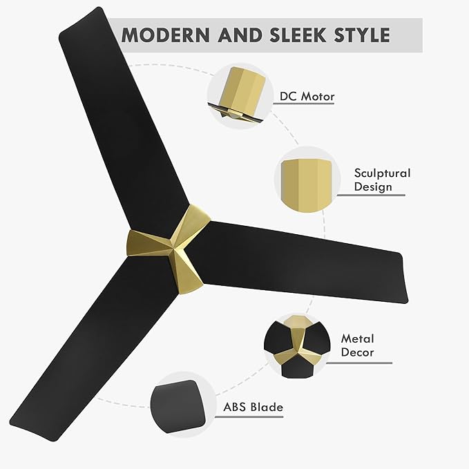WINGBO 52" Ceiling Fan no Light - Brass and Black DC Flush Mount Ceiling Fan, 3 ABS Plastic Curved Blades, 6 Speed Reversible DC Motor, Hugger Ceiling Fans No Light for Kitchen, Bedroom, Living Room