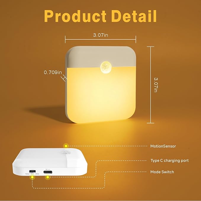 4 Pack Motion Sensor Light Indoor, Rechargeable Night Light, 60LM, 2-Modes, Stick-on Battery Operated LED Sensor Light for Stairway, Hallway, Kitchen, Closet, Bedroom