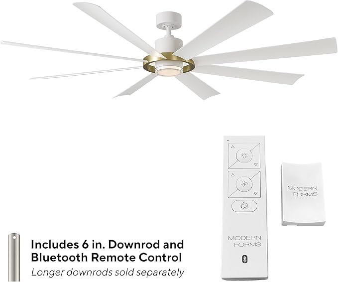 Modern Forms Aura Indoor and Outdoor 8-Blade 72in Smart Ceiling Fan in Soft Brass Matte White with 3000K LED Light Kit and Remote Control works with Alexa and iOS or Android App