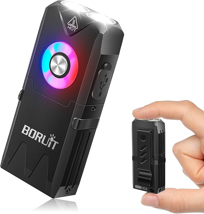 BORUIT EV25 Mini Small Powerful LED Rechargeable EDC Flashlight – 650 Lumens, Pocket Keychain with White & RGB Side Light,Magnetic Tail & Clip, IP66 Waterproof for Camping, Hiking, Emergency