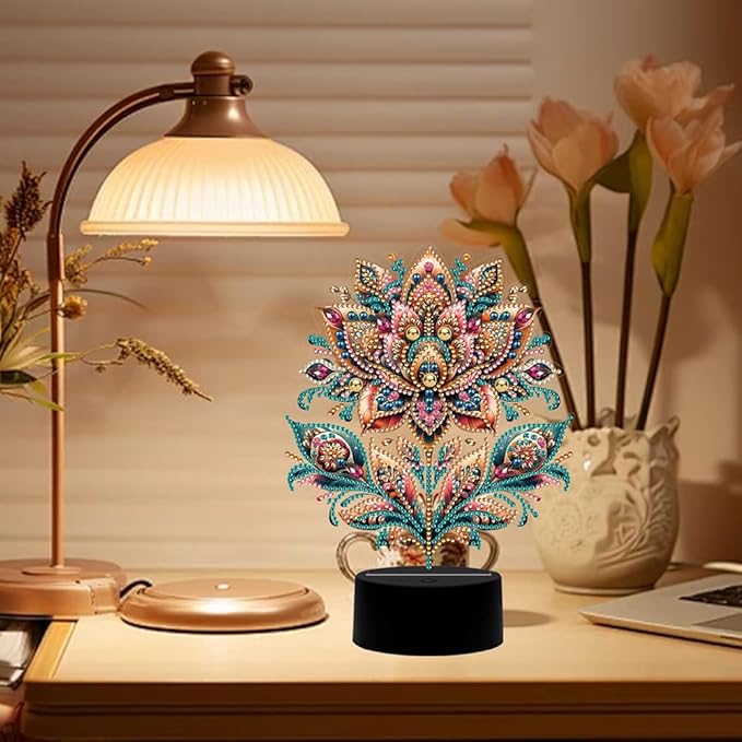 Luxurious Flower Diamond Art Painting Night Light,Diamond Art Painting Kits Desktop Touch Lamp Ornaments for Tabletop Decor Diamond Art Accessories for Adult Beginner Bedrooms Living Room