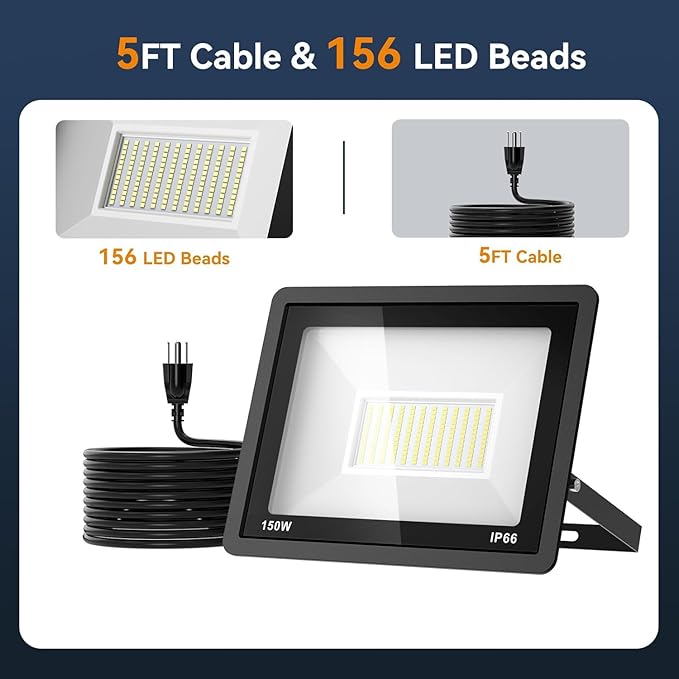 AIKVSXER 150W Flood Lights Outdoor, 21000lm Bright LED Work Light with 5FT Plug, 6000K Daylight White Exterior Security Light, IP66 Waterproof Floodlight for Yard Garage Stadium Lawn (150W-8 Pack)