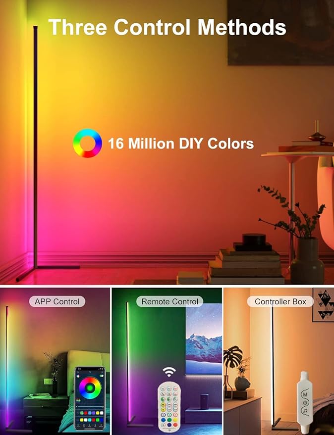 Corner Floor Lamp,65”Color Changing LED Floor Lamp with Music Sync,Modern Mood Lighting Corner Lamp with Remote&App Control,Creative DIY Mode&Timing,RGB Floor Lamps for Living Room Gaming Room-2PCs