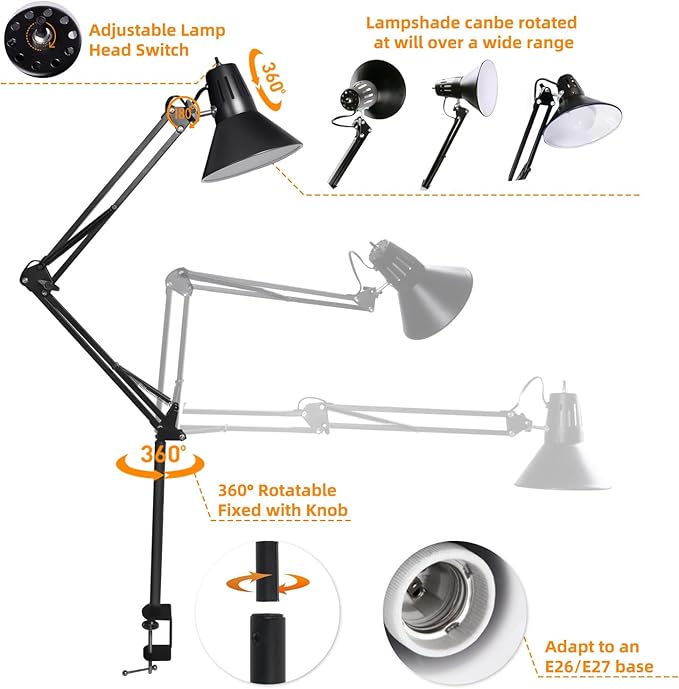 2 Pack LED Desk Lamp With Clamp for Office Home, Eye-Caring Desk Light with 360°Adjustable Extra Tall Metal Swing Arm, High Intensity Clamp w/A19 E26 Bulb for Working Reading, Table Lamps Warm Light