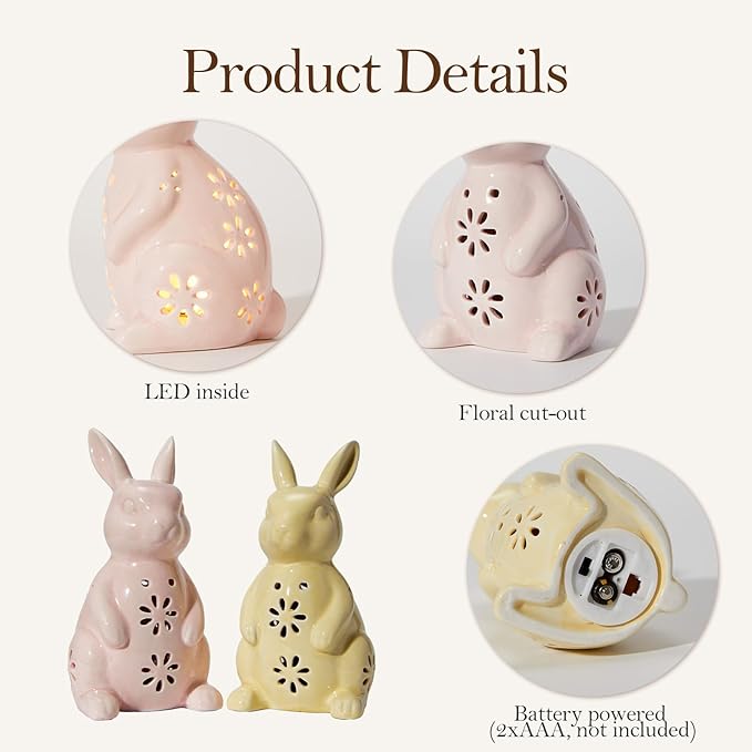 WDS WONDROUS Easter Decorations Light Up Bunny Figurines - 2PCS LED Ceramic Rabbit Statues Decor with Floral Cut-Outs, Glowing Easter Spring Home Decor for Farmhouse Tabletop Shelf Sculpture
