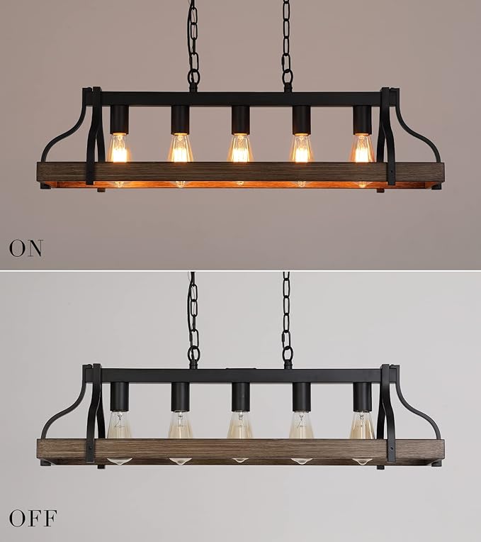 Rustic Kitchen Island Dining Room Light Fixture Farmhouse Linear Chandelier Black and Retro Wood Finish 5-Light Industrial Metal Hanging Pendant Light UL Listed L33.5 W10.6