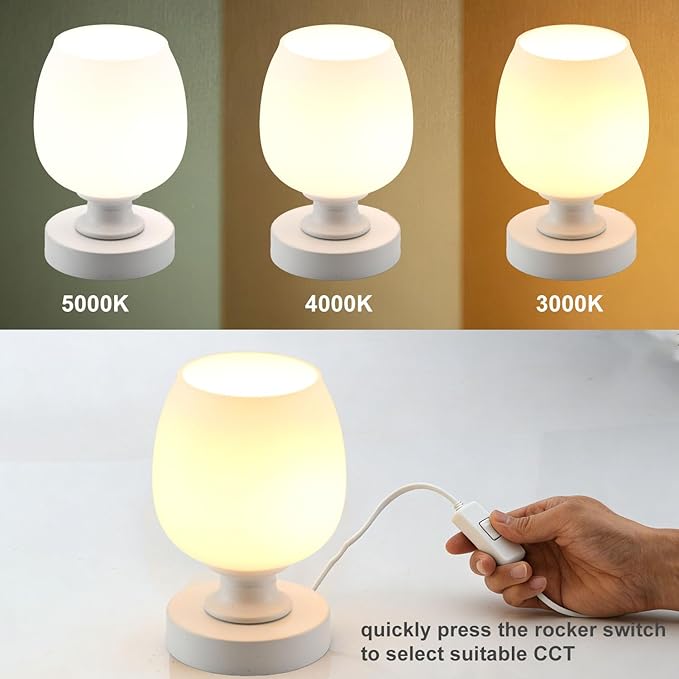 Small LED Table Lamp for Bedroom, 2 Sets Glass Desk Light, 3CCT Bulb Included White