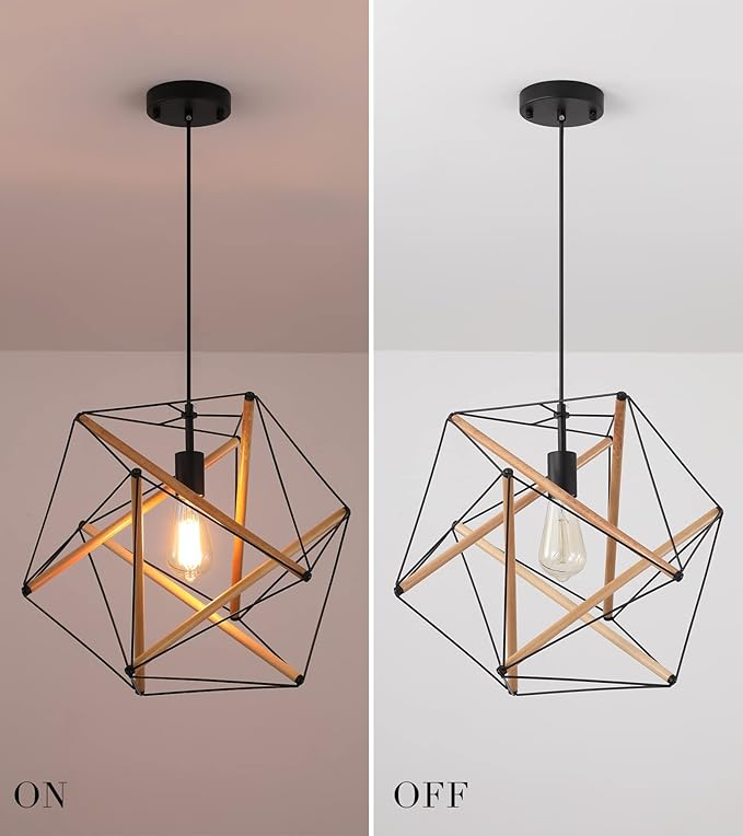 AMZASA Black Geometric Art Deco Hanging Pendant Light Metal and Wood Modern Industrial Chandelier Light Fixture for Dining Room Kitchen Island Arts Center Yoga Studio,Need Assemble UL Listed