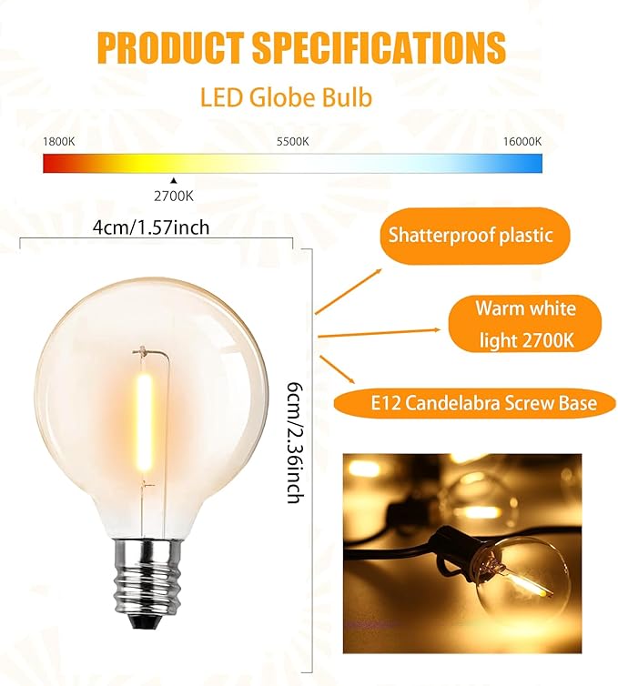 G40 LED Replacement Light Bulbs, 1W LED Plastic Clear Globe Bulb fits E12 C7 Candelabra Screw Base Sockets, Edison Light Bulbs for Indoor Outdoor Patio Decor, Warm White (25 Pack)