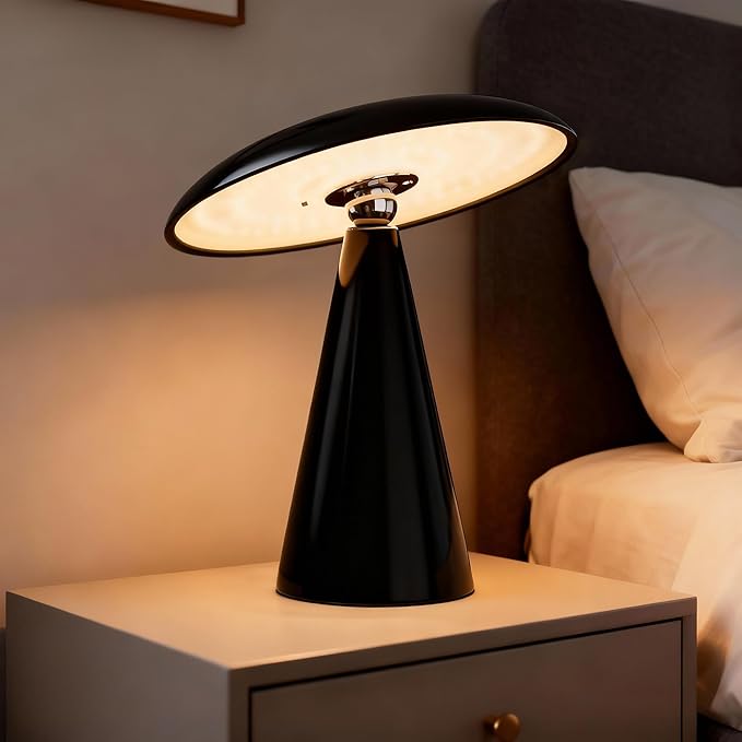 Mushroom Aesthetic Cute Lamp,Magnetic Mid Century Modern Lamp with 3-Mode Lighting for Unique Home Mushroom Decor,Cordless USB Rechargeable Lamps for Bedside/Dorm/Office/Entryway Decor(Black)