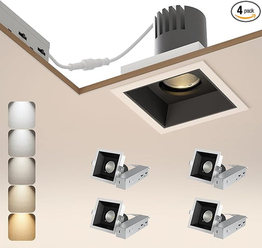 4 Pack LED Square Recessed Lighting, 12W Adjustable Downlight, Aluminum Recessed Ceiling Light with junction Box, 5 CCT 2700K-6000K, Rotation Spotlight for Living Room Bedroom Hallway Kitchen